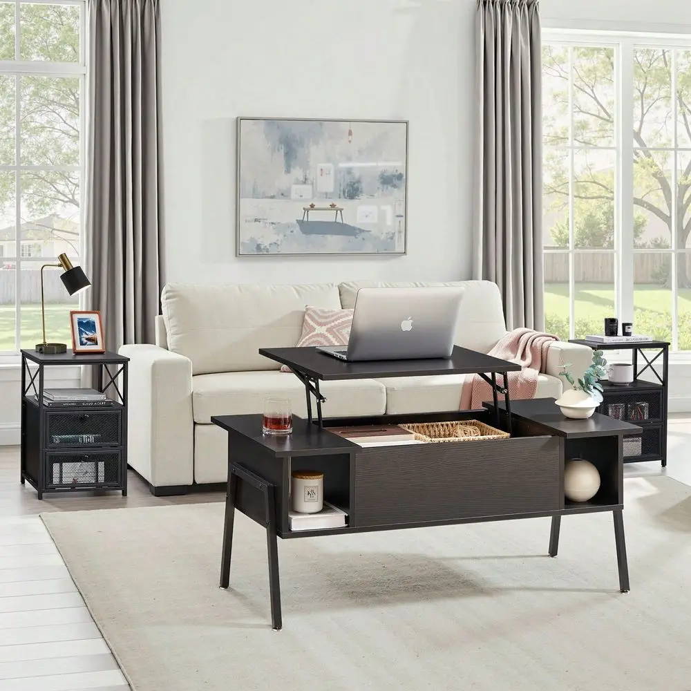 3Piece Lift Storage Living Room Set Adjustable Top Coffee Table 2Piece Side Table With AntiScratch Floor Protection Black Metal