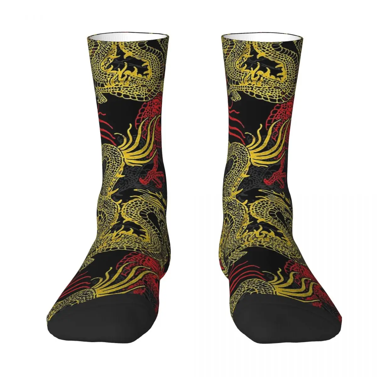 Chaussettes à col rond pour hommes et femmes, motif de dragon doré, bas de cyclisme, style chinois, nouveauté, printemps, été, automne, hiver, cadeau