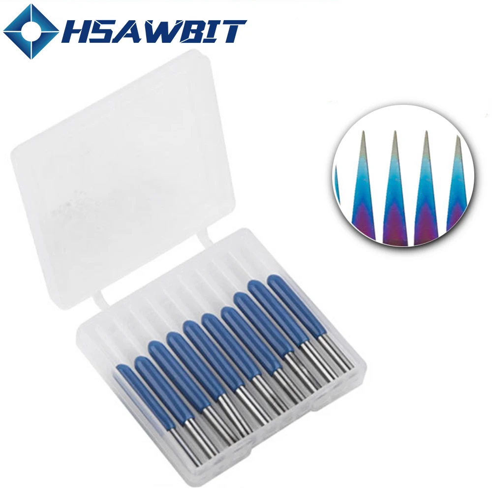 Cuchillo de grabado afilado de fondo plano azul, 3.175mm x 28mm, 10/20 grados, cortador, Graver para PVC, madera, corte de PCB, 10 unids/set