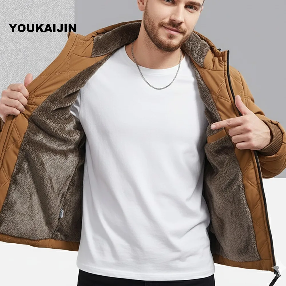 

Men's Winter Jacket Fleece Lined Hooded Coat solid color Casual Diamond Parka Windproof Outdoor Thermal Warm Outwear for Men