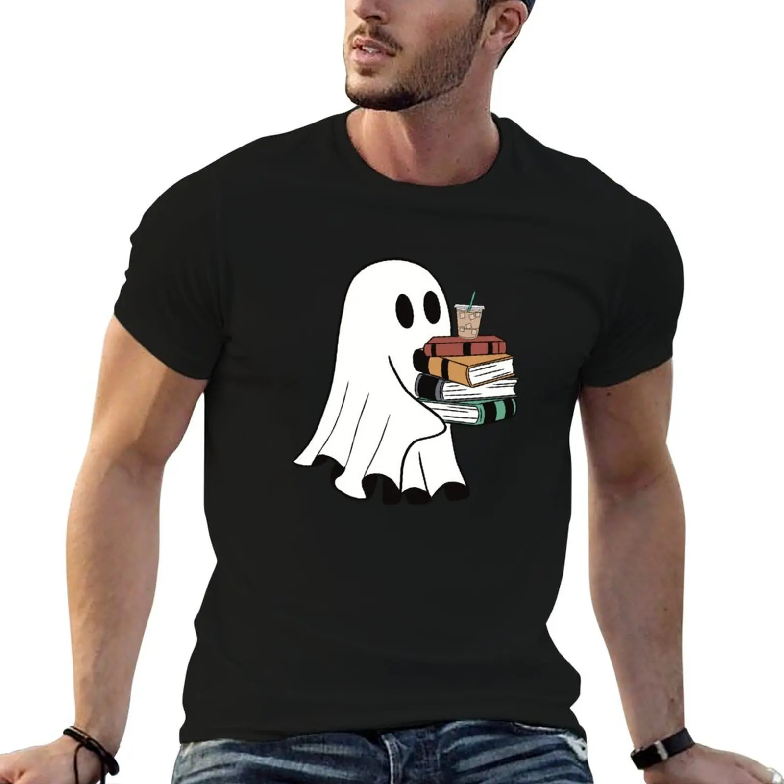 

Ghost with books & iced coffee T-Shirt animal prinfor boys summer top slim fit t shirts for men