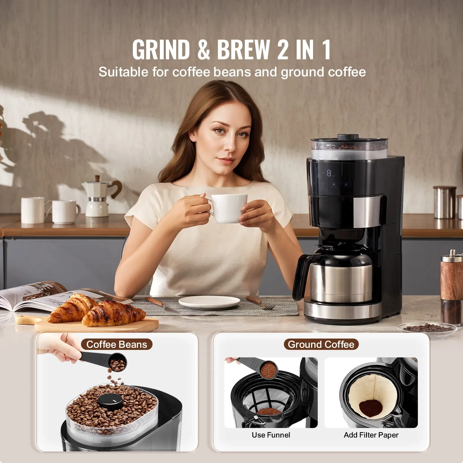 Coffee Maker with Grinder, 8 Cup Programmable Coffee Machine, Grind and Brew Coffee Maker with 24-Hour Timer for Auto Brew