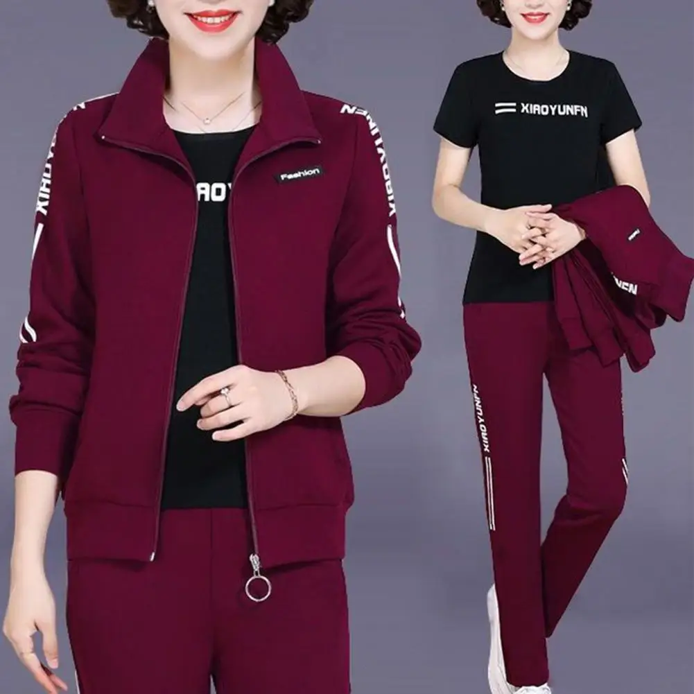 3 Pcs/Set Women Fall Winter Suit Long Sleeve Zipper Closure Lapel Coat Short Sleeve Top Elastic Waist Loose Pants