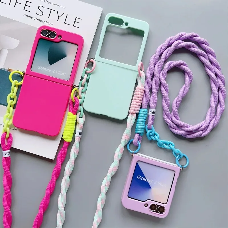For Samsung Galaxy Z Flip 7 Flip6 5 4 Cases Cute Candy Solid Protective With Crossbody Lanyard Strap Slim Phone Case Back Cover