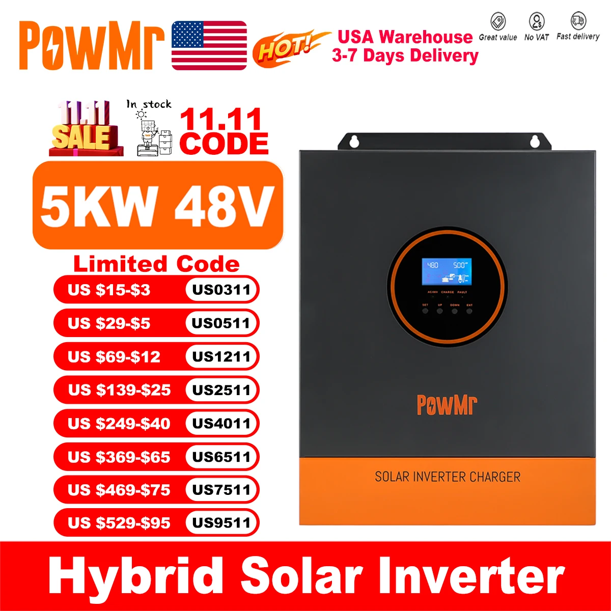 

PowMr 5000 Вт 48 В 110/120 В переменного тока выход MPPT гибридный солнечный инвертор PV 500 В постоянного тока с контроллером зарядного устройства MPPT 80A поддержка литиевой батареи