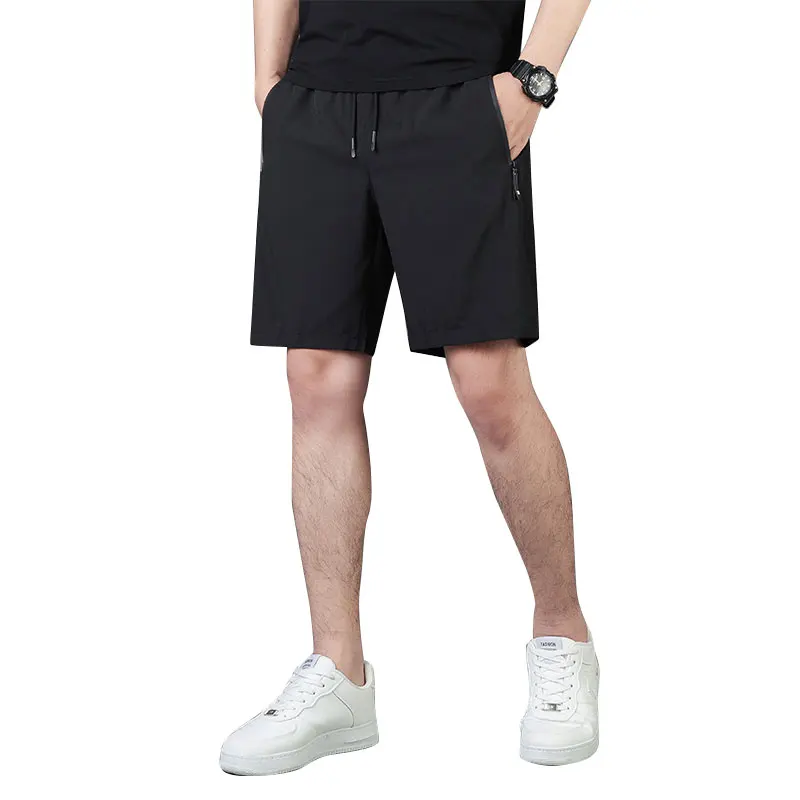 Pantalones cortos deportivos para hombre, Shorts holgados con bolsillos estampados, cremallera, cintura elástica, cordón, tela de seda de hielo