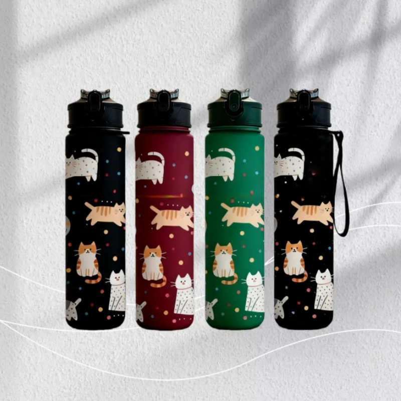 زجاجة مياه بنمط قطة كرتونية لطيفة مطبوعة ثلاثية الأبعاد - ملونة ومبتكرة ومضادة للتسرب، جسم غير لامع، مقاوم للبهتان، 750 مل