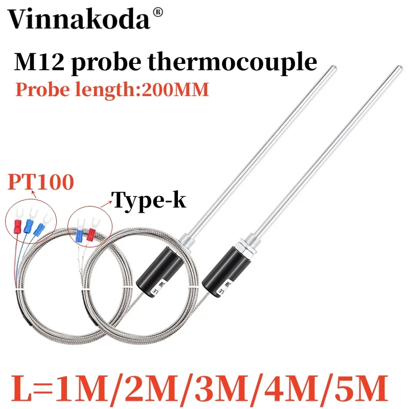 1PCS M12 Probe thermocouple PT100 Temperature sensor Type K probe resistance temperature sensing wire 200MM rod