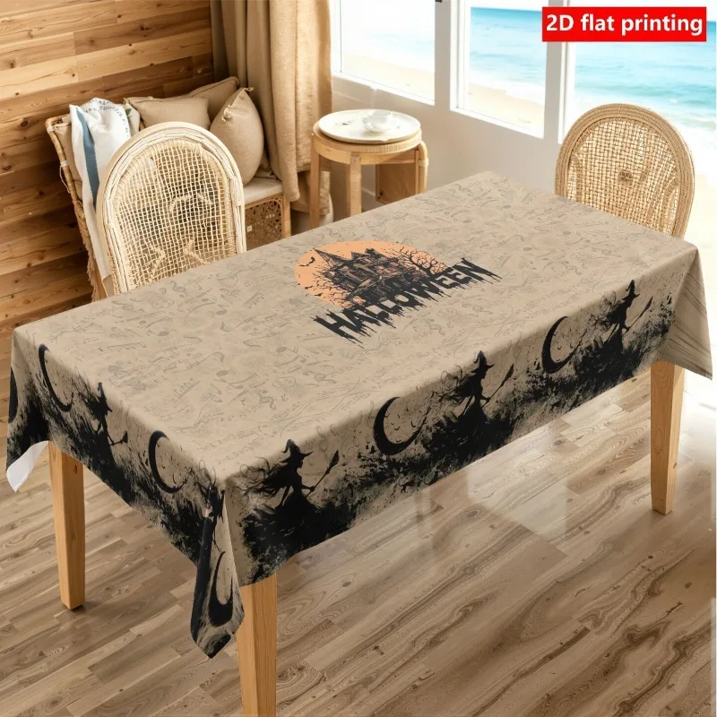 1pc Tablecloth, Gothic Haunted House Halloween Decoration Tablecloth, Deep Purple Base with Vintage Tombstone, Skull, Spooky Gho