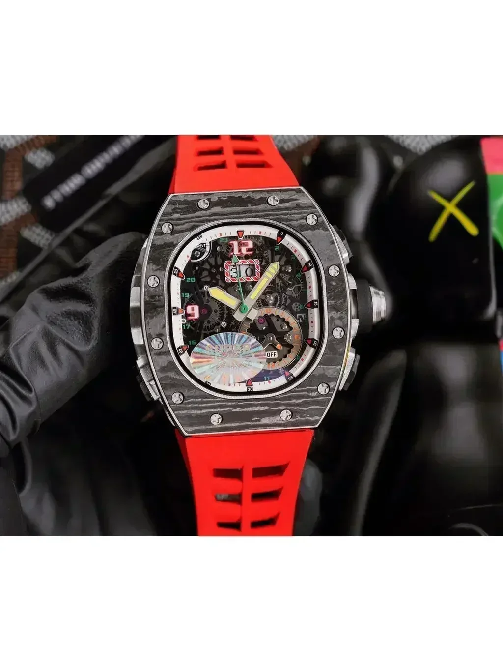 Luxury New Mens Automatic Mechanical Watch Black Red Rubber Carbon Fiber Sport Watches