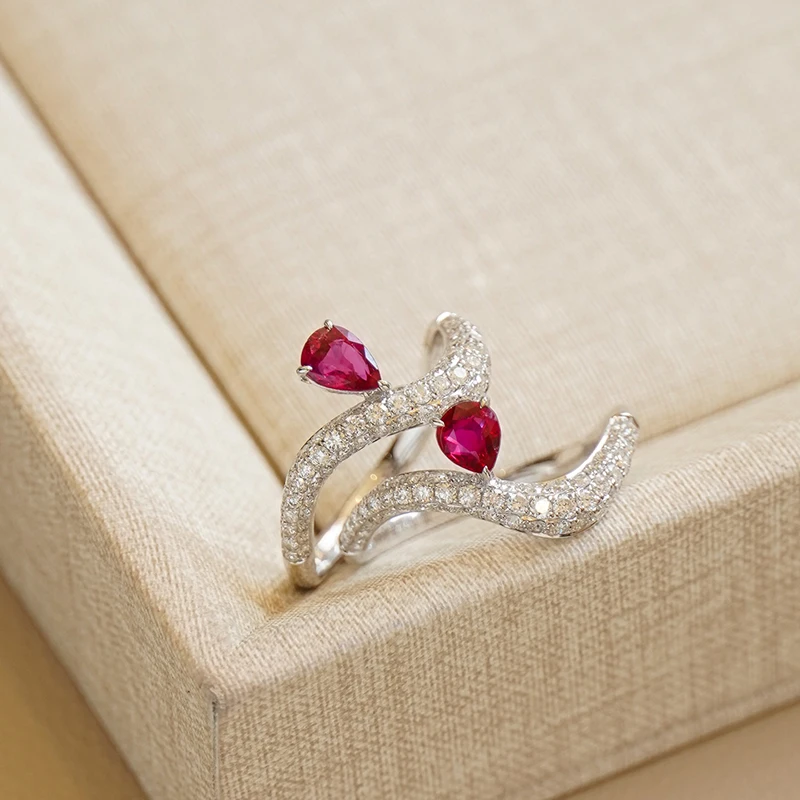 Aazuo Real Jewelry 18K Solid Yellow Gold Natural Ruby Real Diamonds S Shape Lines Rings For Girls & Women Senior Banquet Party