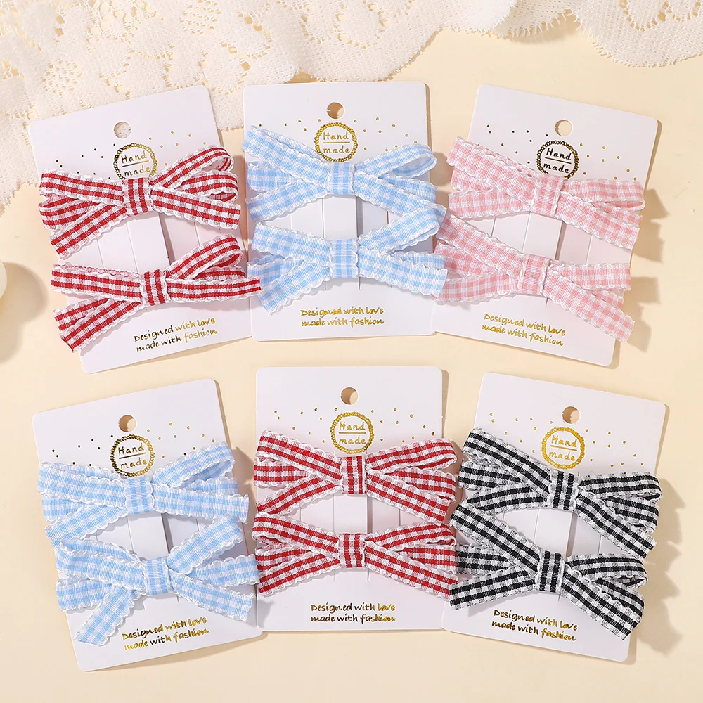 

RIBBON BOWS 2Pcs Classic Plaid Lace Edge Bangs Hair Clip Sweet Double Layer Bow Hairgripes Boutique Girl Hair Accessories