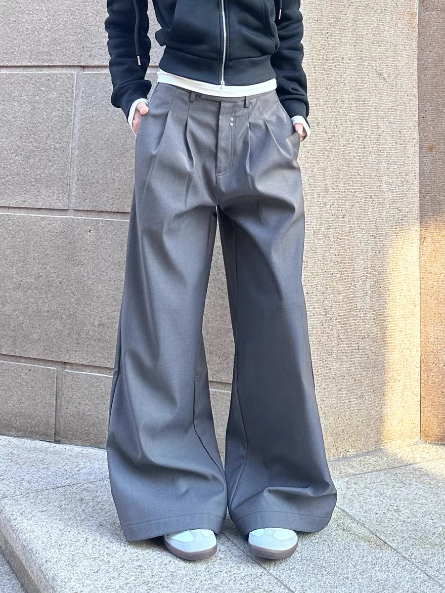 

American Retro Pleated Waist Trousers Loose Wide Leg Pants Men Women Design Sensation Slimming Drape Straight Cut Long Pants