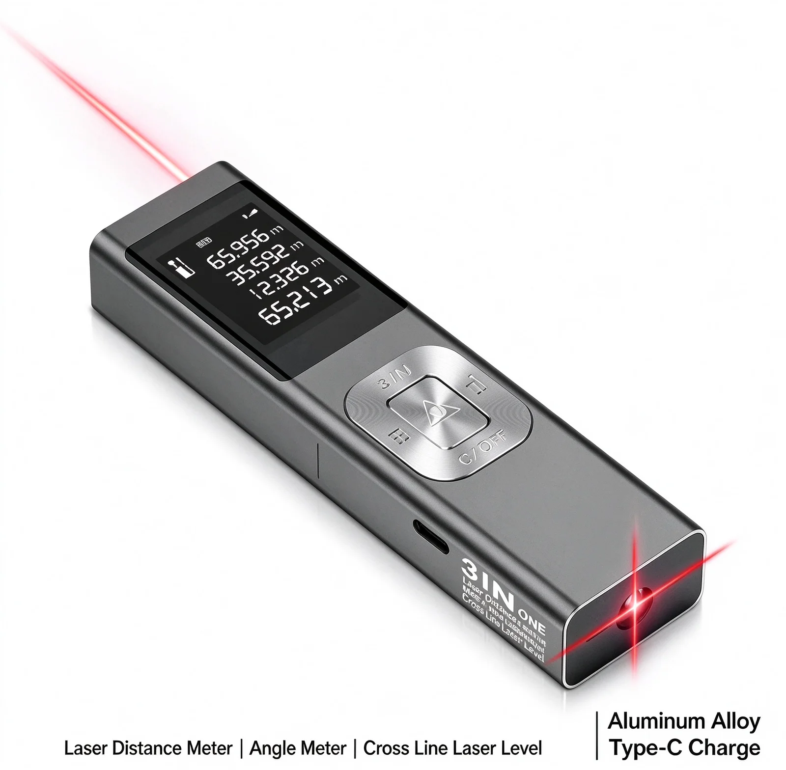 3-in-1 Mini Laser Distance Meter, Cross Line Laser Level Angle Sensor, Aluminum Alloy Type-C Rechargeable Measure Tool for Home