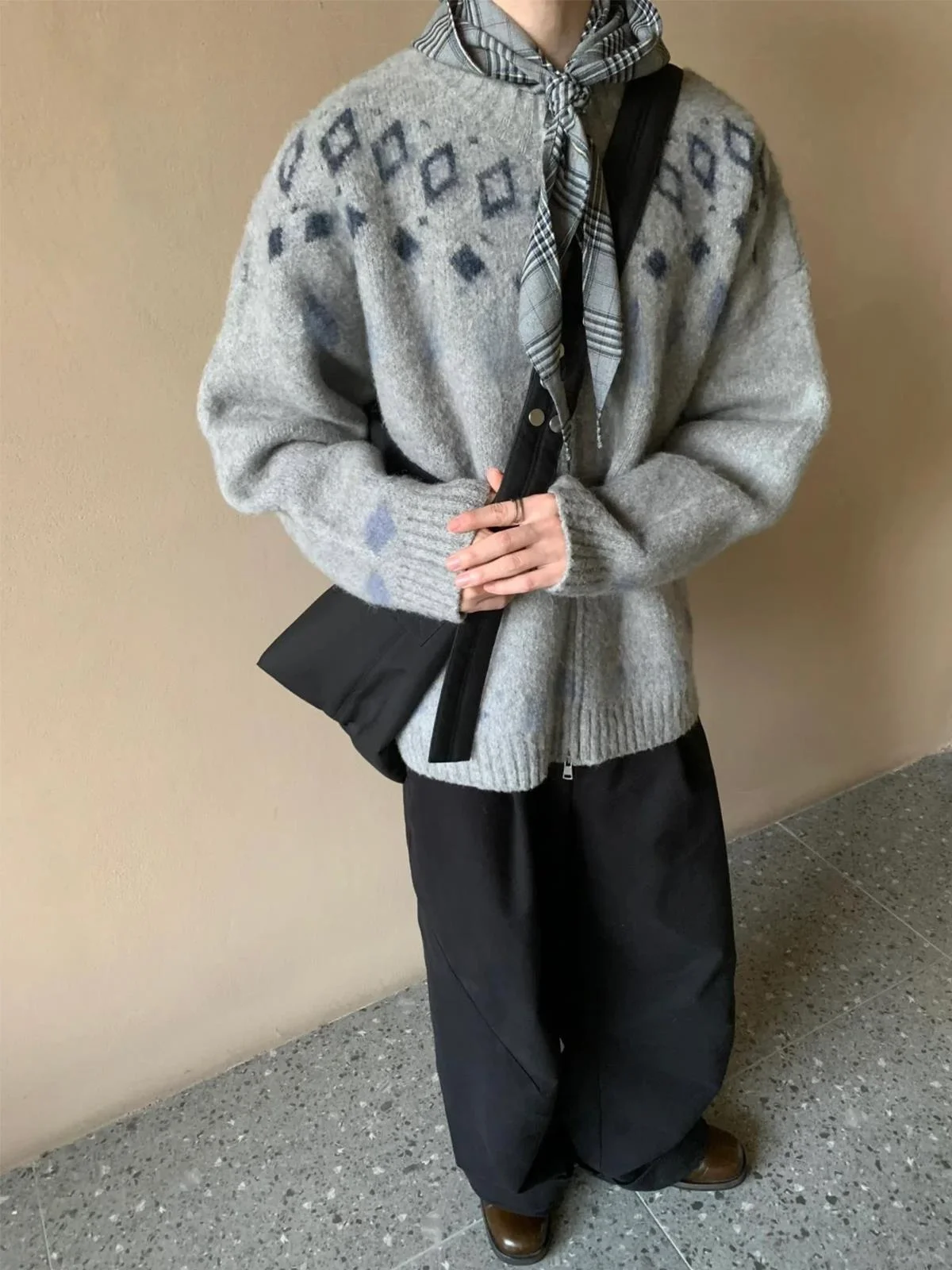 

Серый вязаный кардиган свободного кроя унисекс для осени и зимы, повседневная кофта-жакет из полиэстера с длинным рукавом и круглым вырезом, теплый