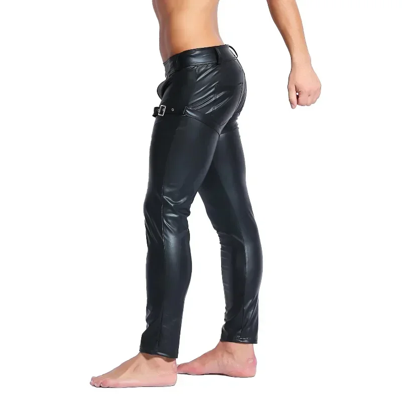 Sexy Men's Faux Leather Black Bodycon Long Trousers Gay Open Crotch Erotic Gothic Nightclub Leggings Front Hollow Out Slim Pants