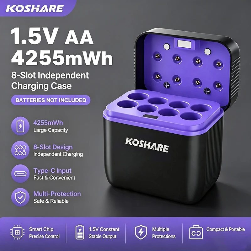 Carregador de Bateria Recarregável KOSHARE 1.5V com Tensão Constante e Display LED, Estojo de Carregamento Inteligente para Baterias de Lítio AA 4255mWh