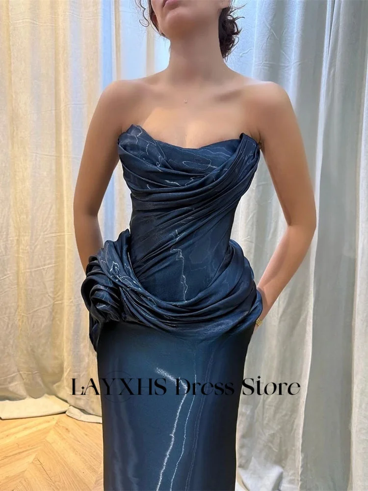 LAYXHS แฟชั่น Navy Blue Strapless ชุดราตรี Mermaid Pleat Ruffle Party Prom Dresses ที่กําหนดเอง فستانة