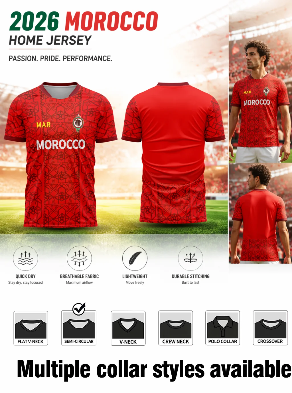 2026 new Morocco‑themed football jersey with classic Islamic patterns, sweat‑wicking fabric and flexible athletic‑fit cut