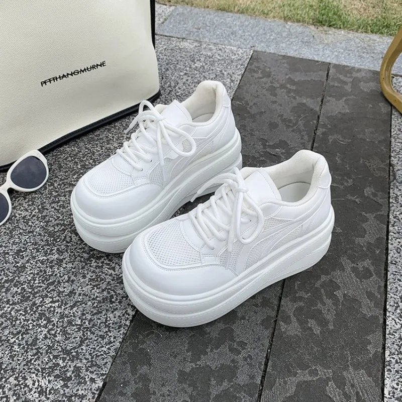 Zapatillas deportivas de plataforma de malla para mujer, con cordones, de caña baja, suela gruesa, que aumentan la altura, transpirables, informales, para caminar a diario, calzado deportivo.