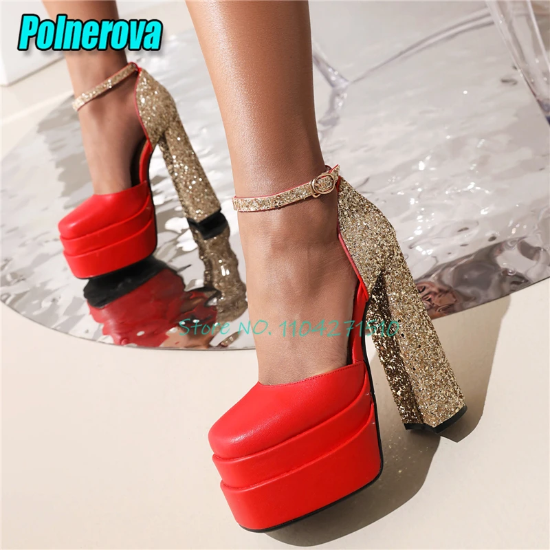Shiny Glitter Mixed Colors Chunky Platform Sandals Women's Square Toe Block Heel Ankle Buckle Super High Heels Pumps Large Size