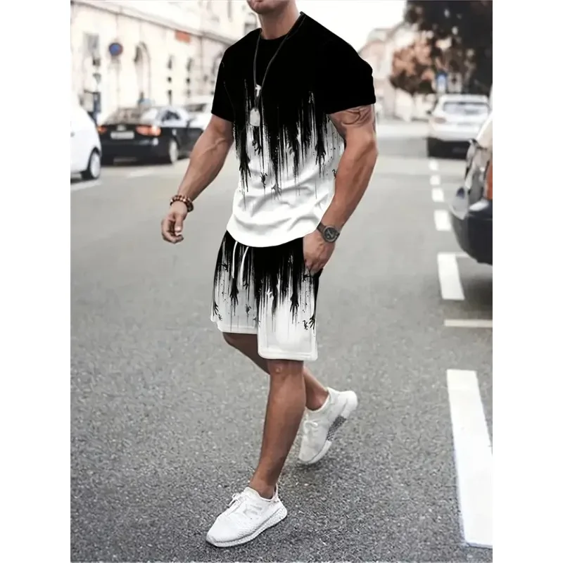 2025 New 3D Texture Men's Short Sleeves and Shorts Casual Summer Sportswear Flat Size Clothing Printed Suits