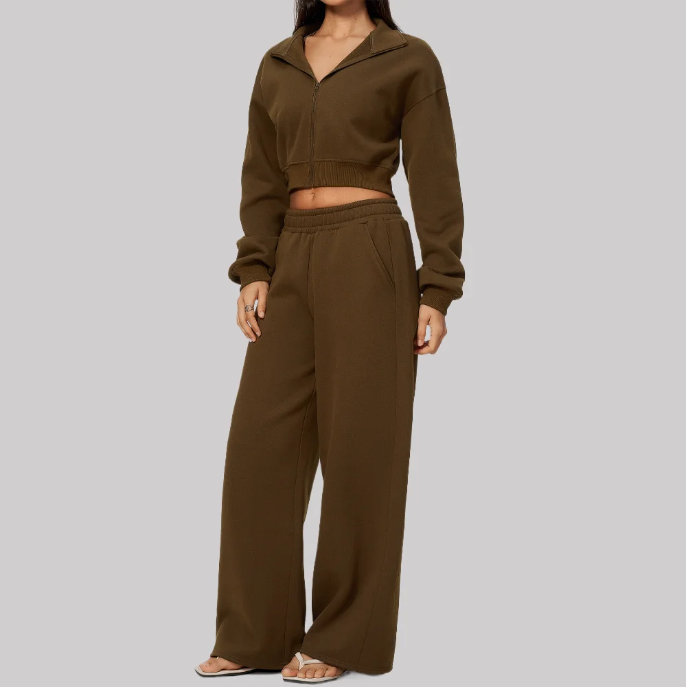 Yoga Set 2 Piece Outfit Matching Gym Clothes Womens Zip Up Cropped Jacket Wide Leg Sweatpants High Waist Workout Fitness Thermal
