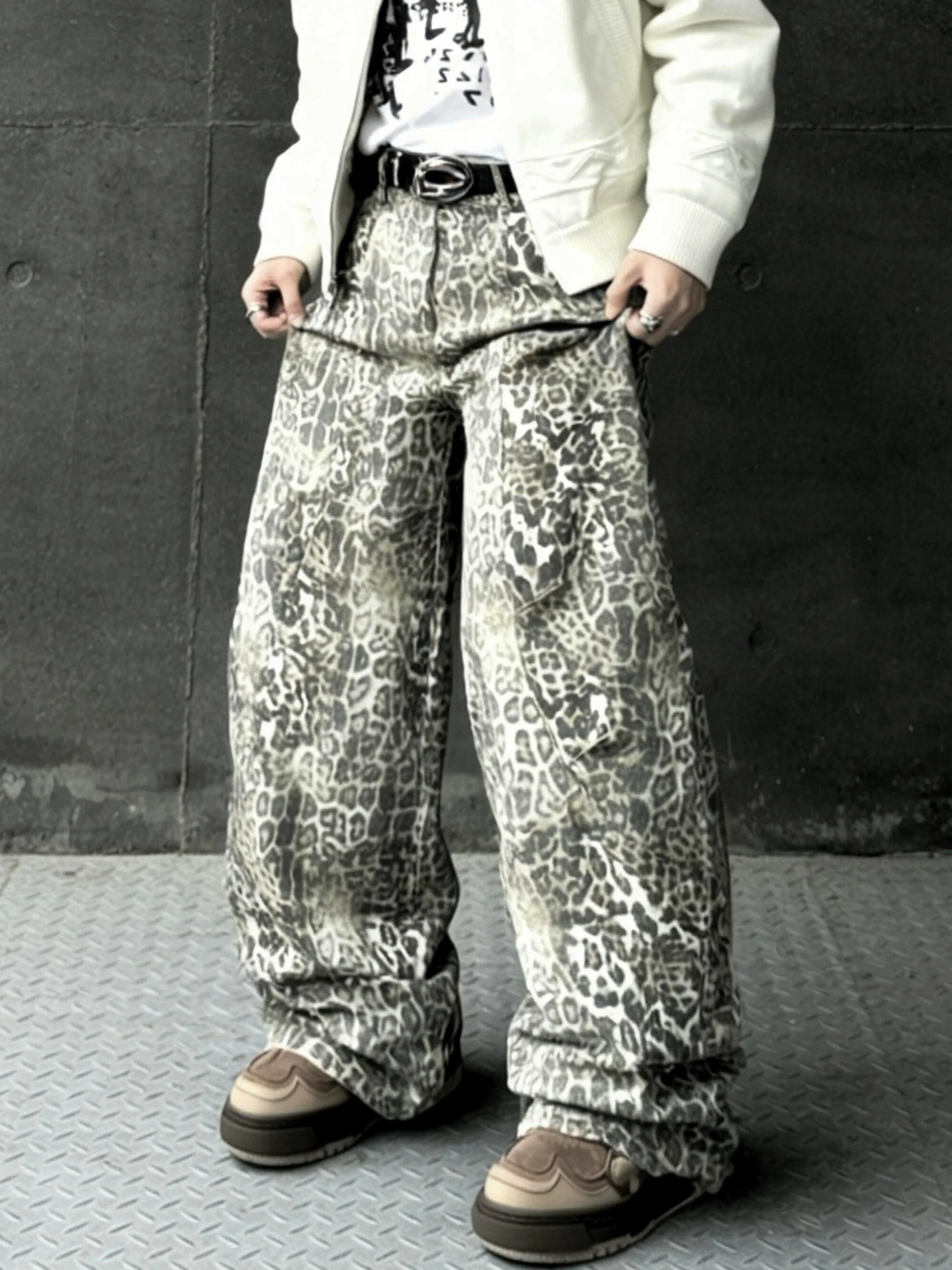 

American Sle Baggy Retro Patchwork Personali Haome Leopard Print Men's Loose Wide Leg Long Jeans Casual Straight Cut