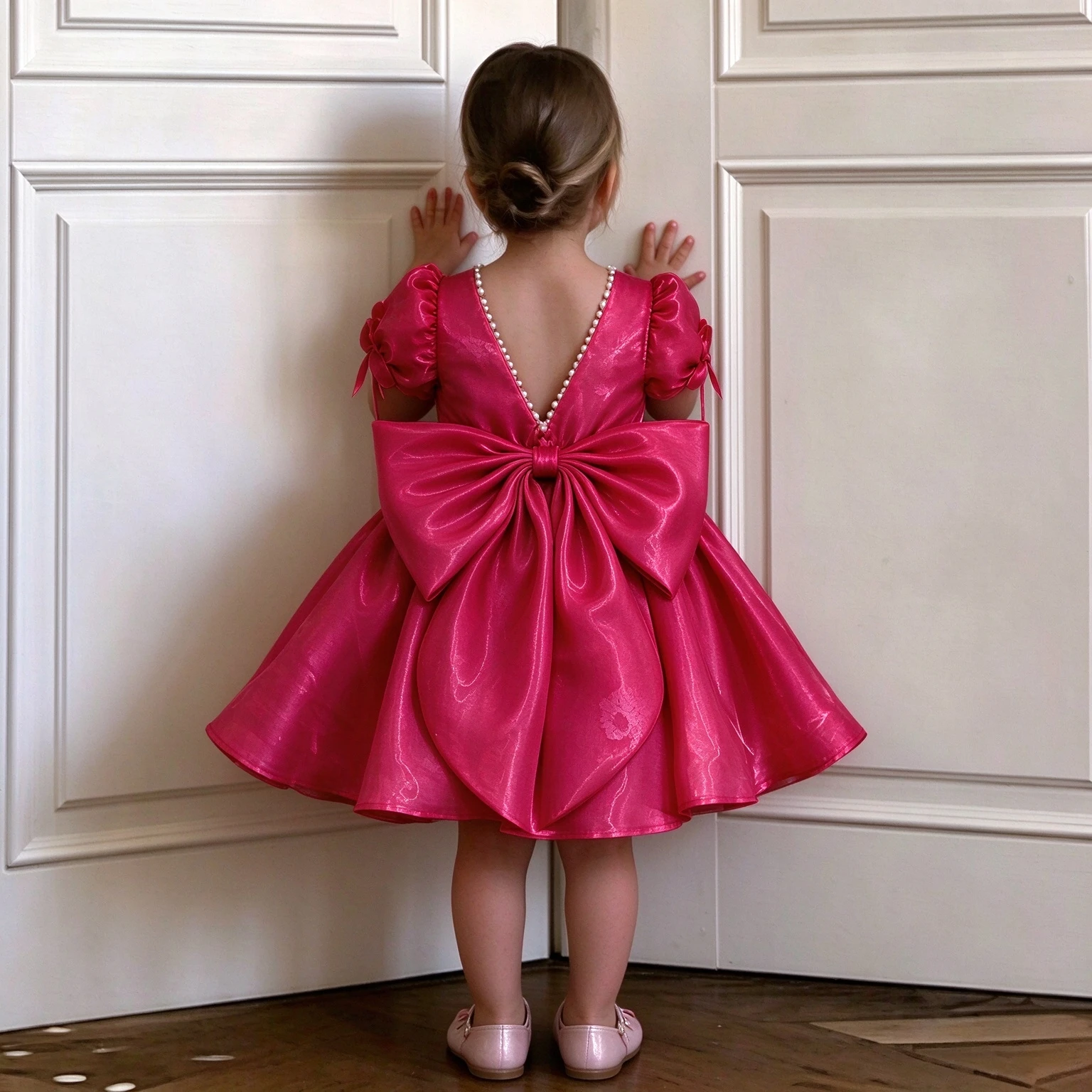 Fuchsia Satin Toddler Flower Girl Dress Pearl Big Bow VBack Kids Princess Pageant Gown Girls Birthday Banquet Events
