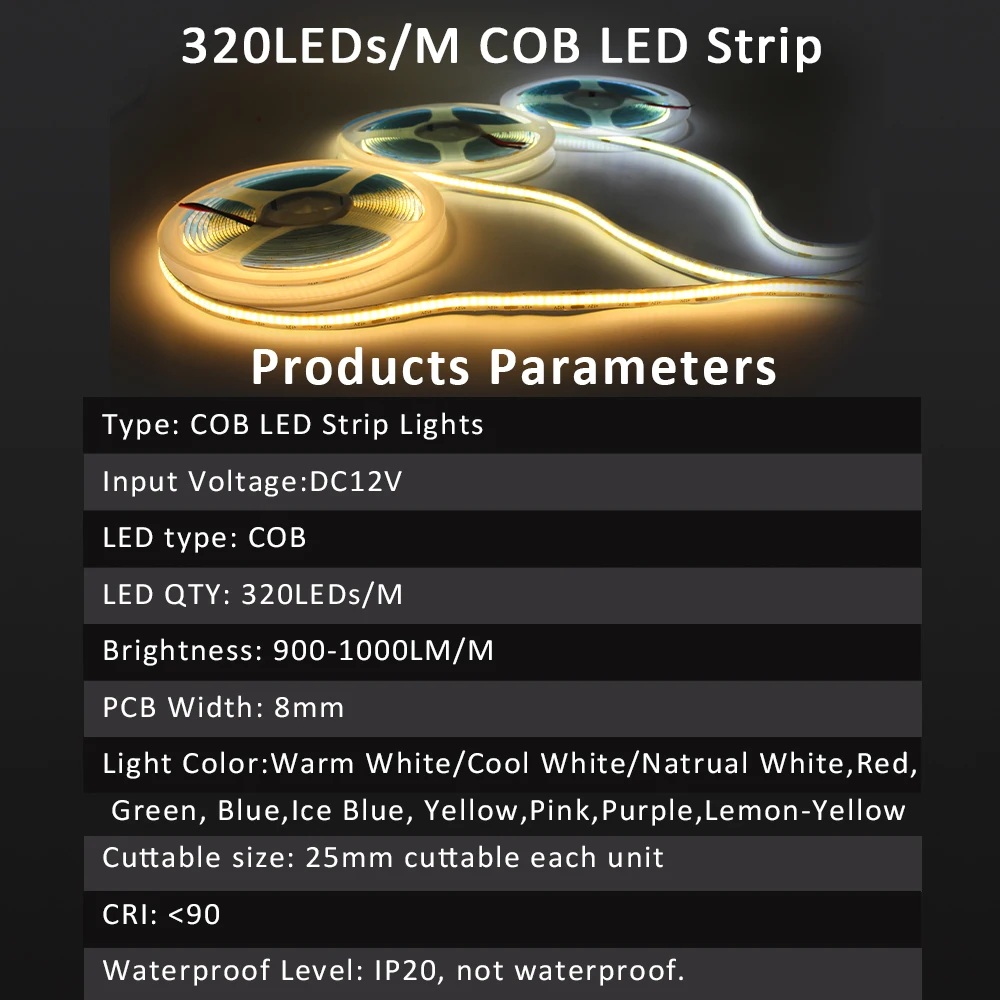 5M COB LED Strip Lights 12V DC 320LEDs/m High Density Flexible Ribbon Warm Cool Natural White Colorful Tape Lighting Room Decor