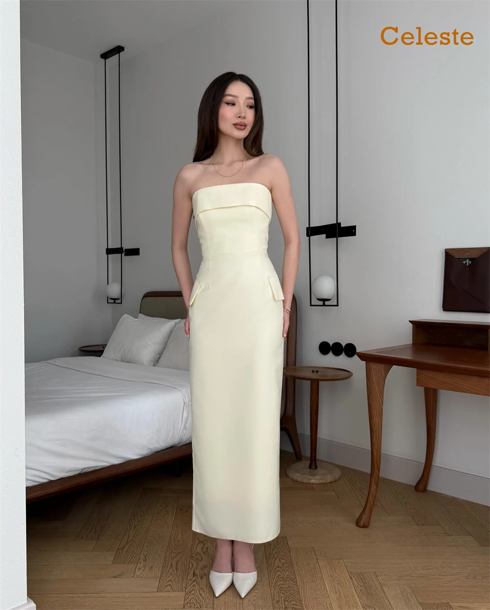 Customized Fashion Yellow Jersey Evening Dress Exquisite Strapless Sleeveless Homecoming Dresses Modern Vestido De Festa