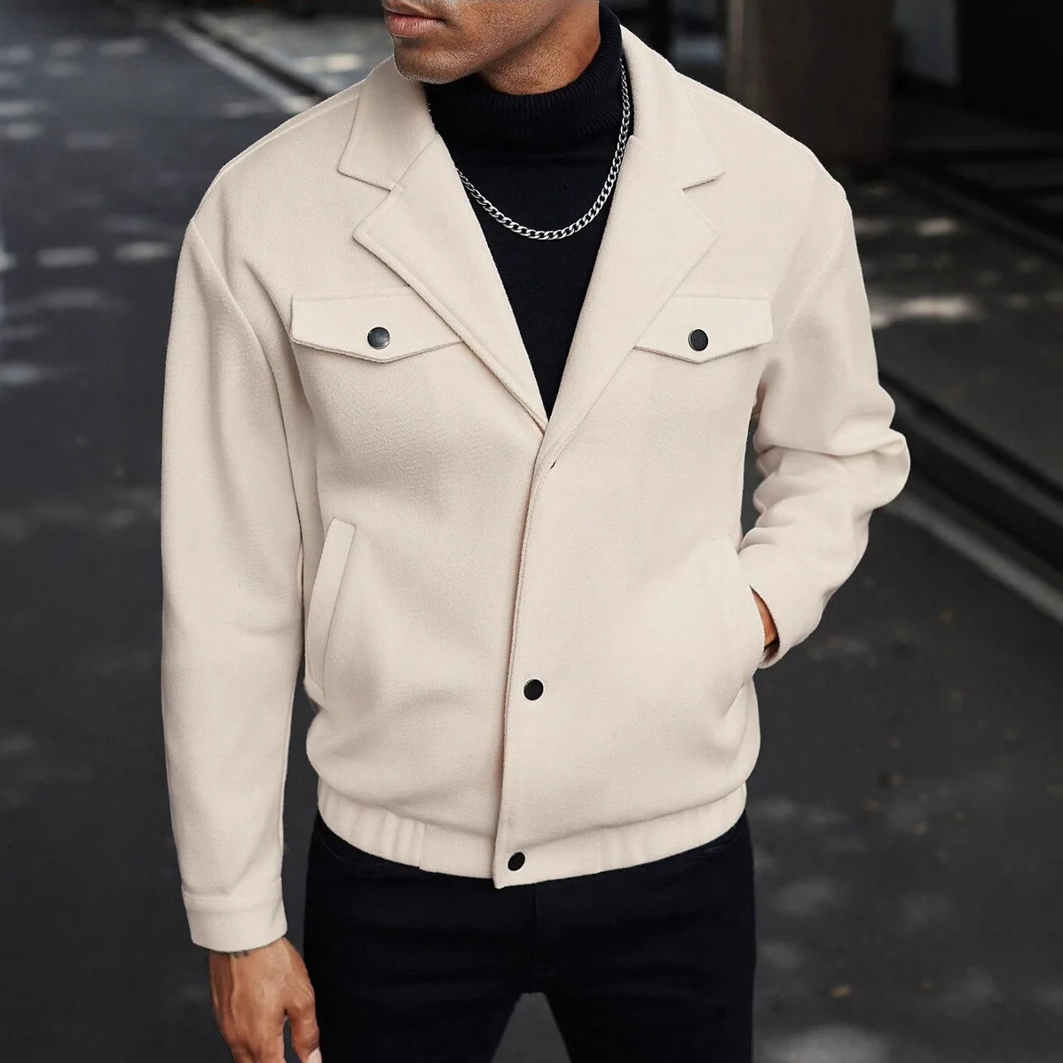 Men Solid Color Single Breasted Turn-down Collar Simple Basic Long Sleeve Jackets Autumn Winter New Fashion Male Thicken Clothes