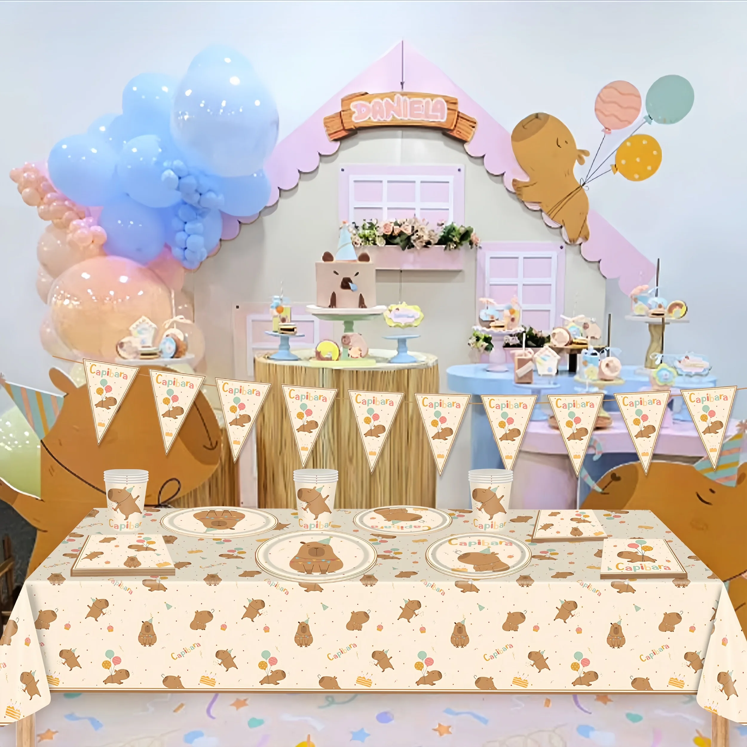 Cartoon Capybara Thema Geschirr Set Kinder Geburtstag Party Tasche Kuchen Topper Tischdecke Ballon Dekor Mädchen Gefälligkeiten Tier Supplie – Detail 7