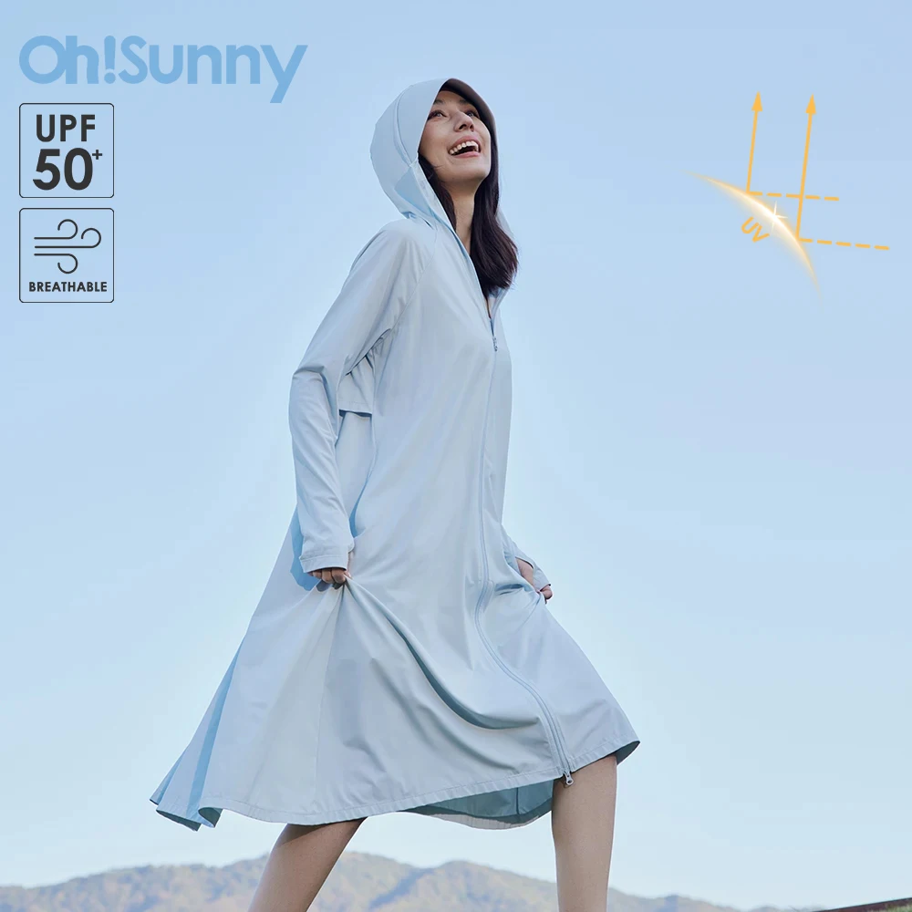 OhSunny Summer Fashion Sunscreen Sun Protection Long Coat Hooded Washable Ruffles Adjustable Waist Beach Anti-UV Dress For Women