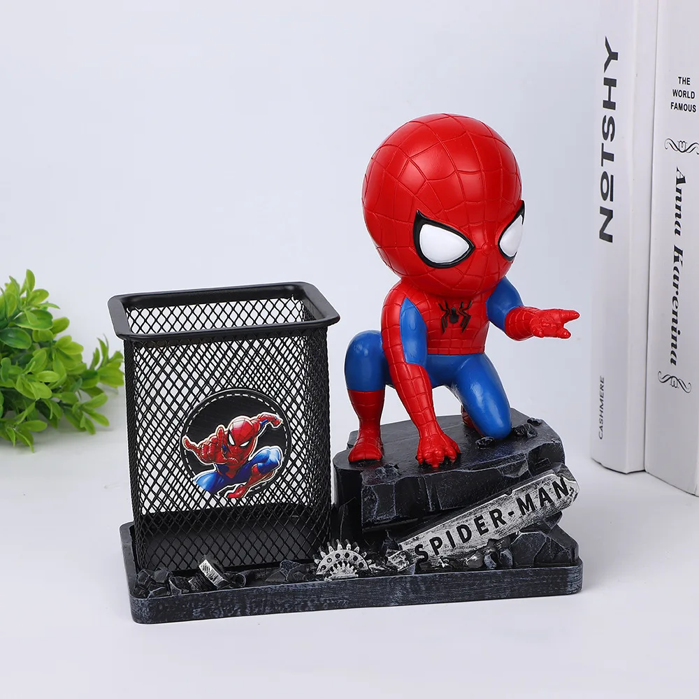 20cm Q-version Marvel superhero Spider Man anime resin crafts ornament anime pen holder desktop stationery children's gift