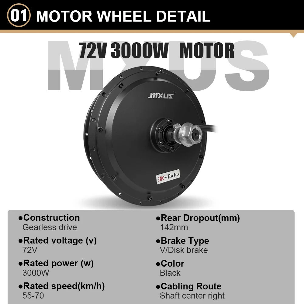 MXUS 72V 3000W Electric Bicycle Conversion Kit Brushless Hub Motor Wheel Dropout 142mm 20-29Inch 700C 3.0 Tyre Wheel width 30mm