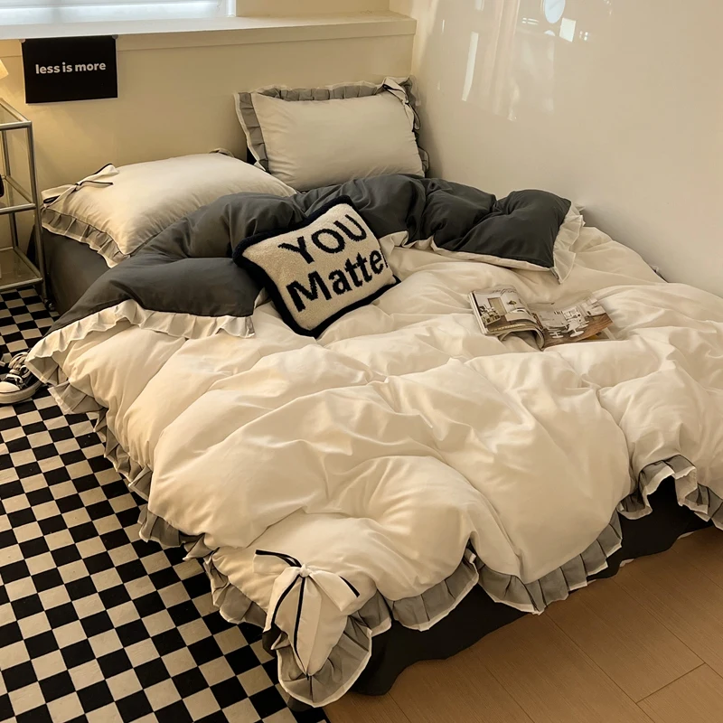 Bowknot Bedclothes Lace Style Bed Sheets Set Skin-friendly Bedding ropa de cama Single/Double/Queen/King Size Bed Linen Set