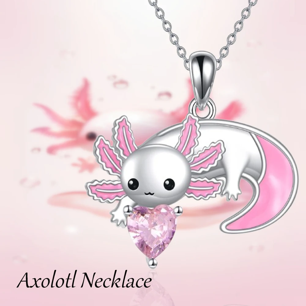 Collar con Colgante de Ajolote Adorable, Corazón Rosa con Diamantes de Imitación, Joyería de Moda para Mujer, Regalo para Cumpleaños, Aniversario o Uso Diario