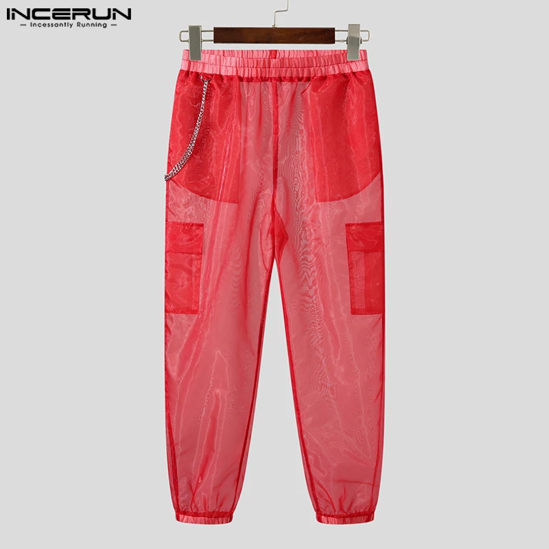 Stylish Casual Style Trousers INCERUN New Men\'s Party Shows Hot Sale Long Pants Sexy Solid See-through Thin Mesh Pantalons S-5XL