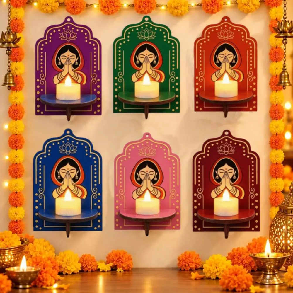Multi-Functional Wooden Wall Mounted Shelf India Pray Girl 2D Printed Wall Display Stand Lotus Flower Wall Decor Diwali