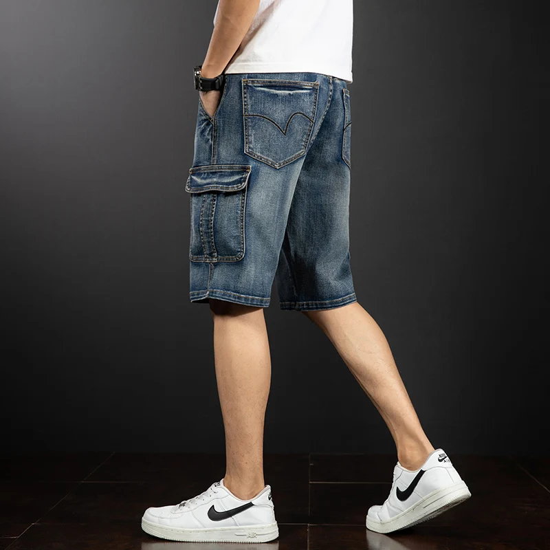 Shorts jeans para bordado masculino, tamanho grande, bolso múltiplo solto, tendência de rua americana, shorts retrô pirata de verão