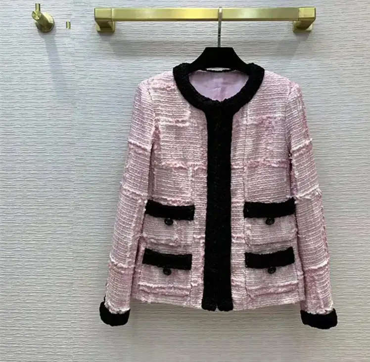 European and American women's wear spring 2024 new  Long sleeve round collar single breasted button  fashion  Pink tweed coat