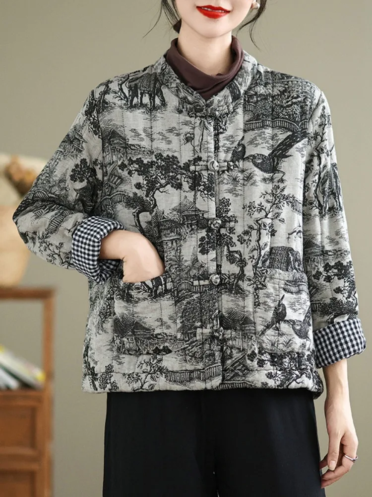

Retro Cotton Linen Ink Print Thiened Women's Jaet Winter Warm Central Chinese Sle Button up Cotton Outerwear