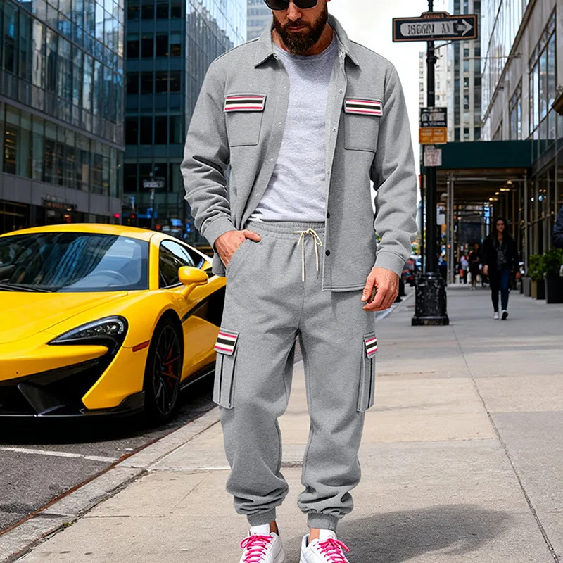 

Men's Fleece Lined Cargo Jacket And Joggers Set Winter Heavyweight Striped Tape Casual Outdoor Tracksuit