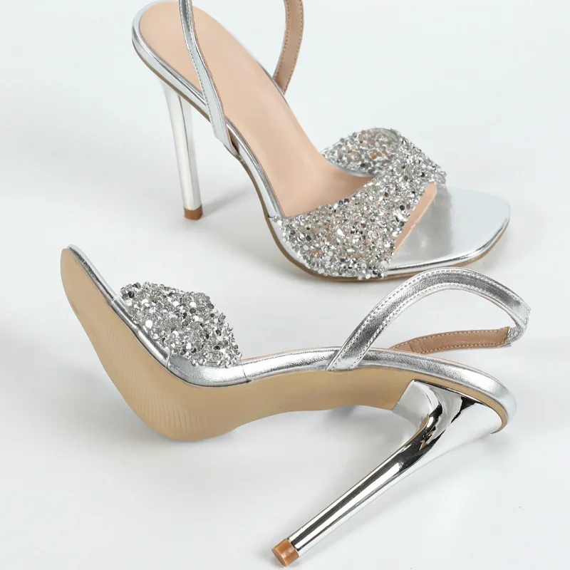 Crystal Rhinestone Super High Heels Women Sexy Square Head Open Toe Back Strap Heeled Sandals Elegant Silver Party Dress Shoes
