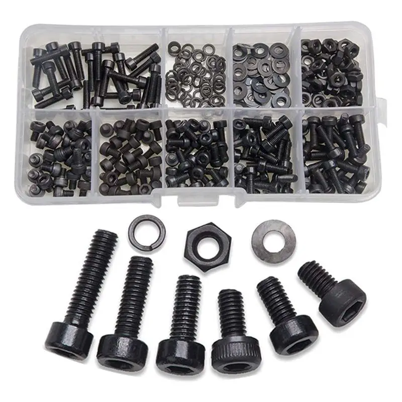 ABRW-1200 Pcs Nuts Bolts Set Hex Bolts Nut And Washer Assortment Screws Bolts M3 Tool Kit With Plastic Box (Black)