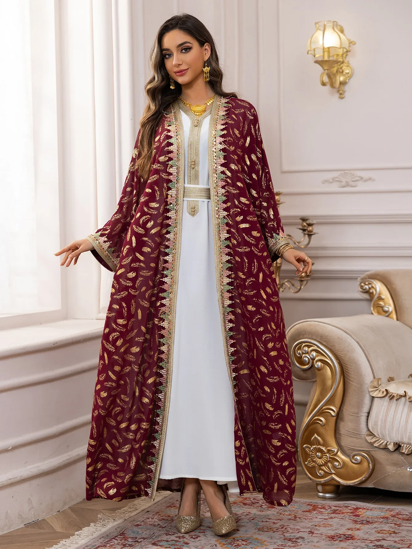 Eid Muslim Abayas for Women Party 2 Piece Set Embroidery Cardigan Robe Lace Up Dress Morocco Kaftan Islam Ramadan Dubai Vestidos