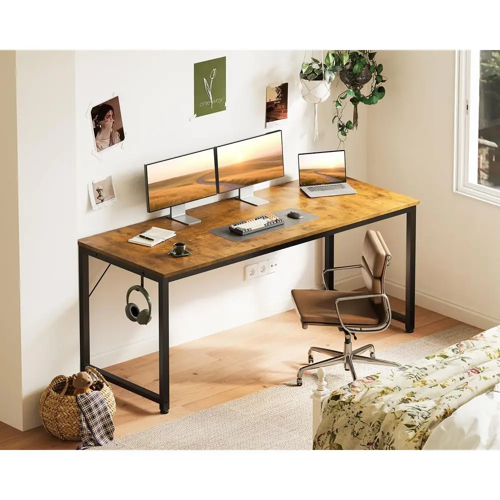63 Inch Computer Desk for Home Office, Study Writing Table for Small Spaces, Simple Modern Desk with Headphone Hooks, Rustic Br