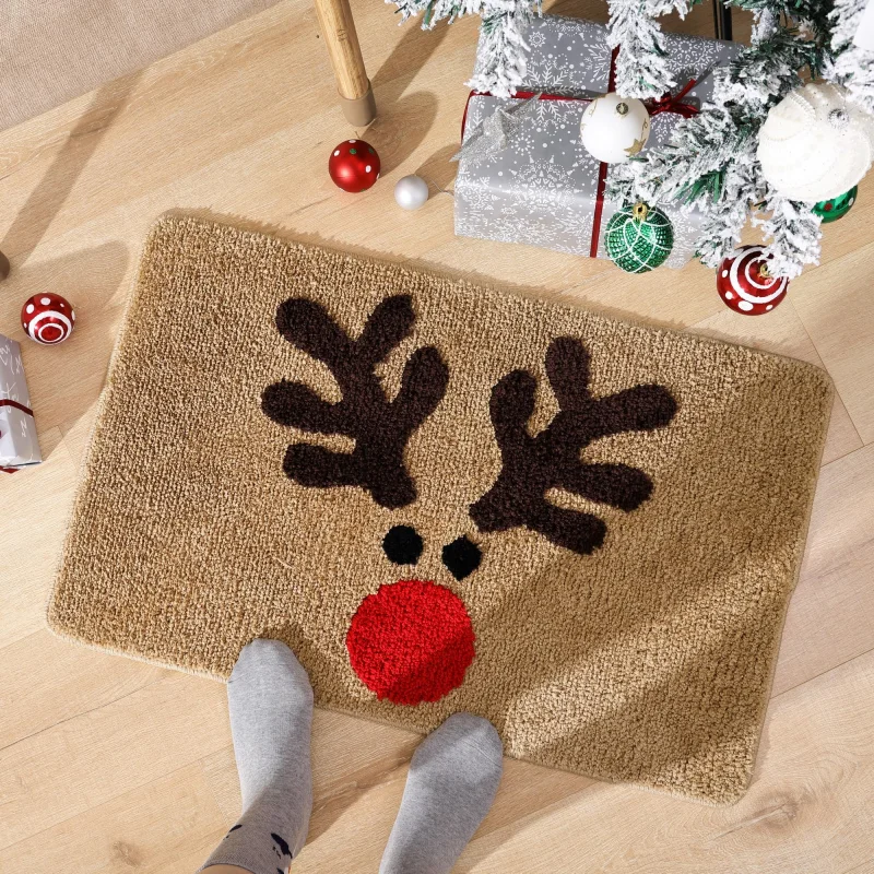 VIKAMA Reindeer Face Rug, Christmas Deer Head Carpet Mat with Red Nose, Holiday Floor Mat for Living Room Bedroom