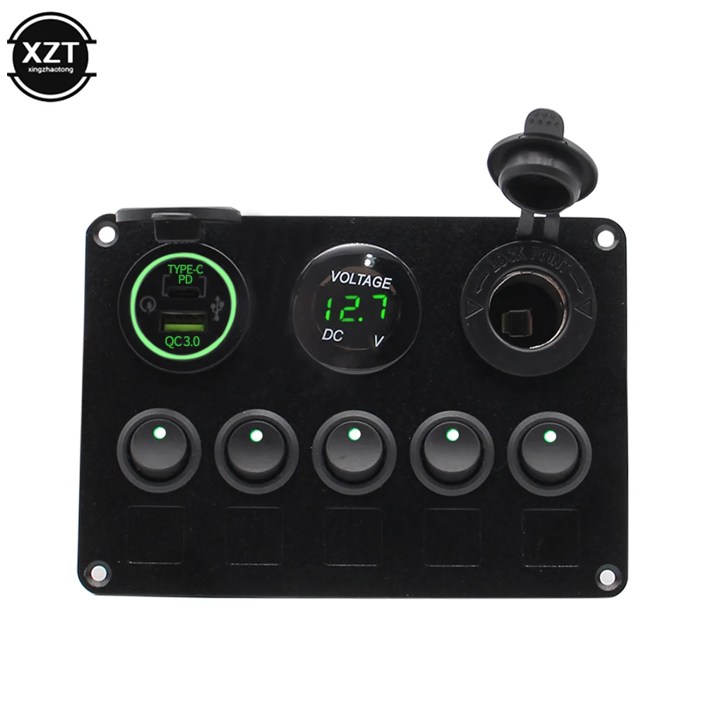 Boat Switch Panel Car Switch Panel Waterproof Digital Dual USB Voltmeter Port 12V Outlet Combination Marine LED Rocker 5 Gang